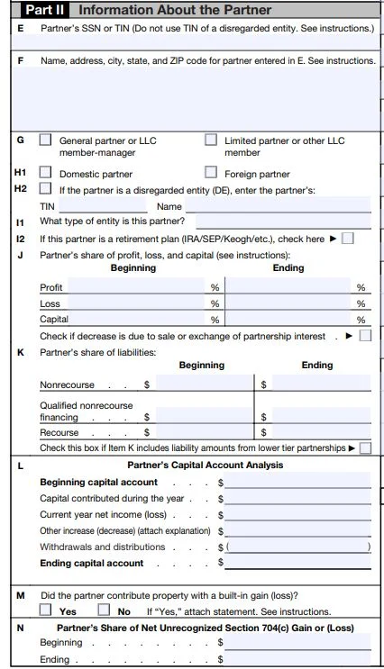 Here’s a screenshot showing Part 2 of a blank K-1 form
